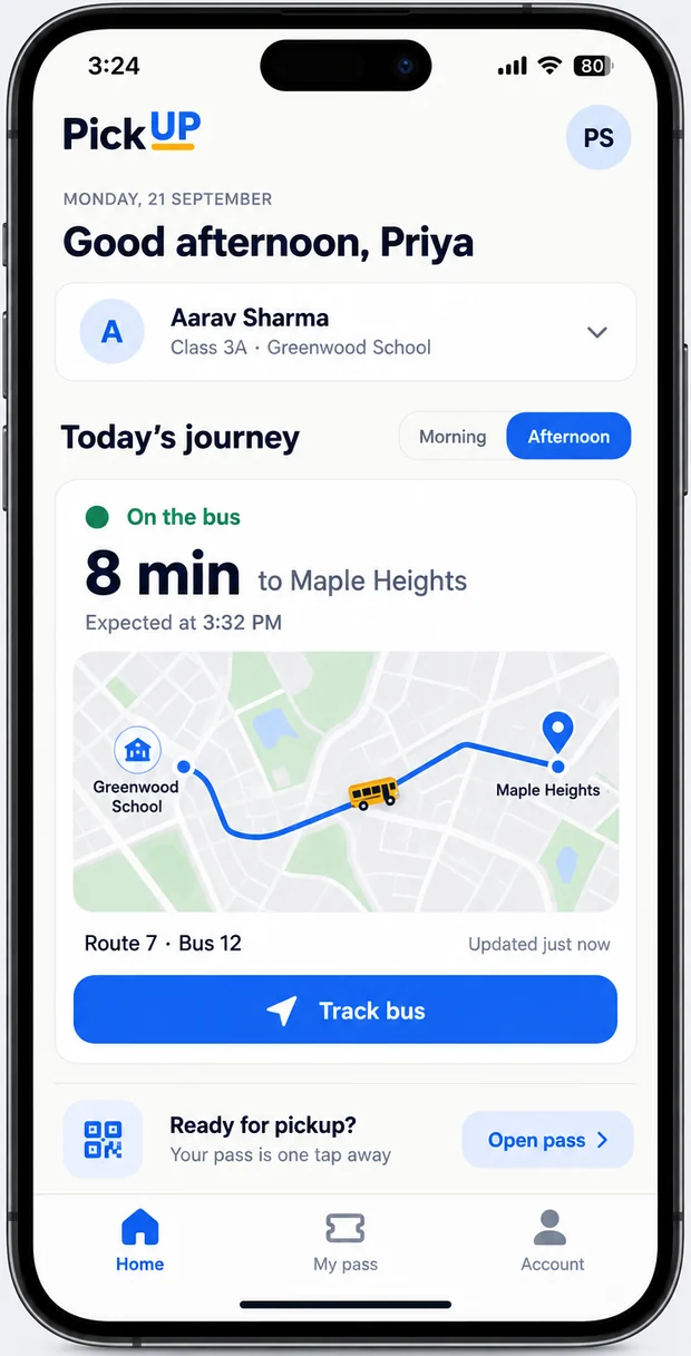 The home screen showing today's bus journey