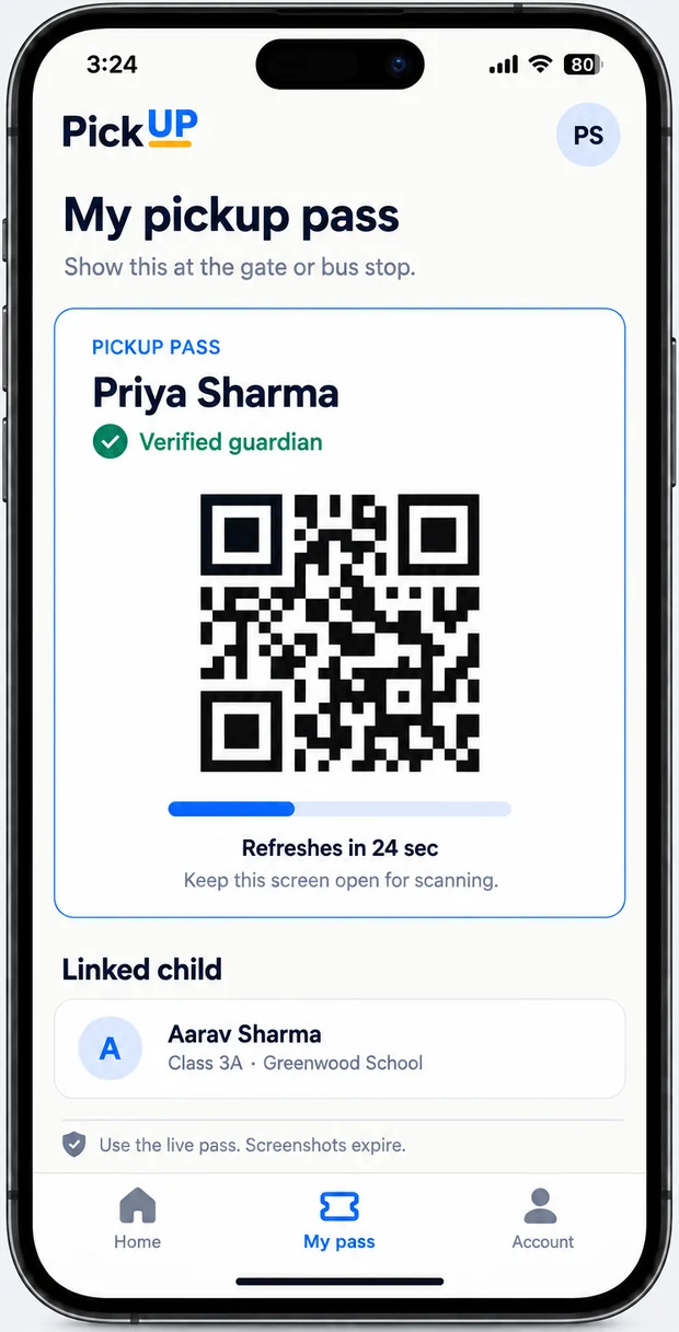 The pickup pass screen with a live QR code