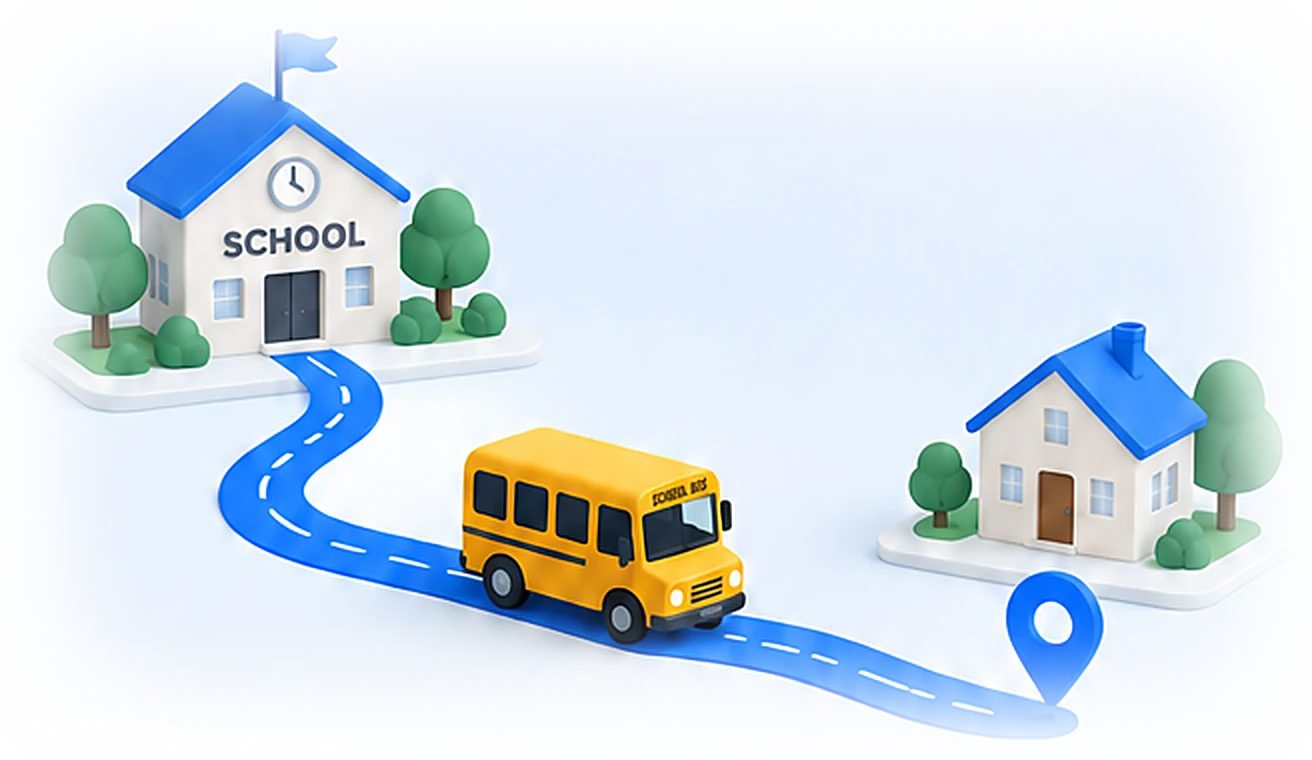 A school bus driving from school to a home along a blue route